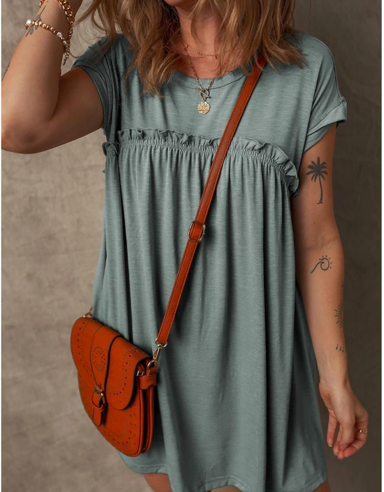 Mist Green Frilled Gathered Seam Round Neck T Shirt Dress