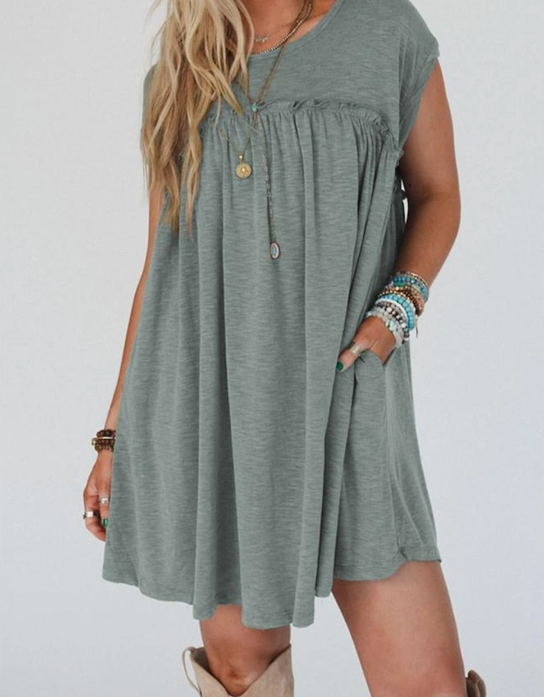 Mist Green Frilled Gathered Seam Round Neck T Shirt Dress