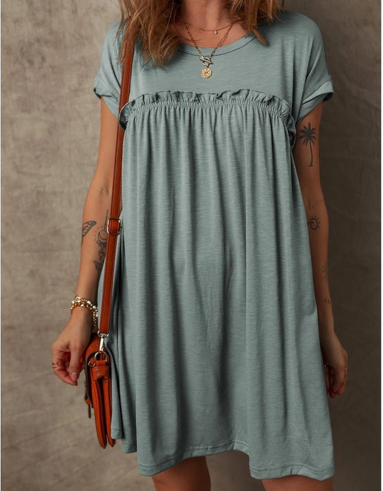 Mist Green Frilled Gathered Seam Round Neck T Shirt Dress