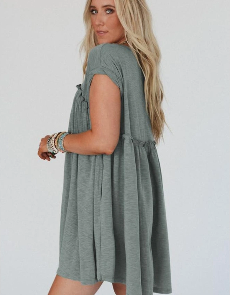 Mist Green Frilled Gathered Seam Round Neck T Shirt Dress