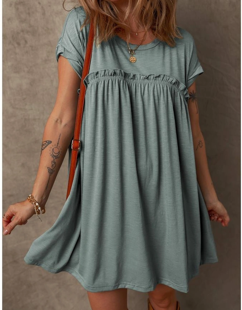 Mist Green Frilled Gathered Seam Round Neck T Shirt Dress