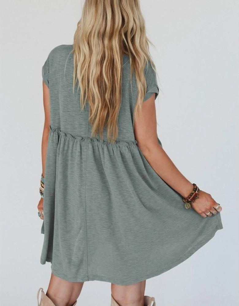 Mist Green Frilled Gathered Seam Round Neck T Shirt Dress