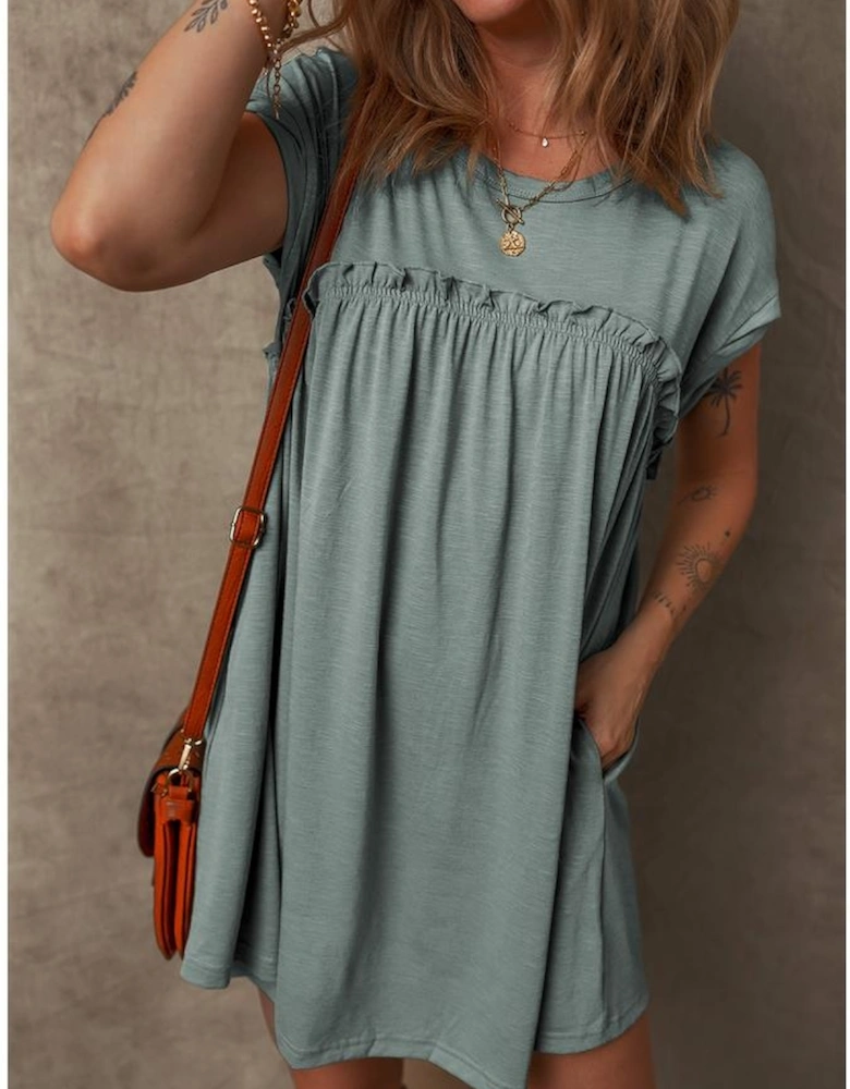 Mist Green Frilled Gathered Seam Round Neck T Shirt Dress