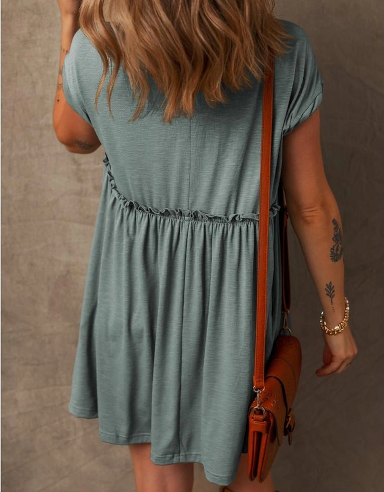 Mist Green Frilled Gathered Seam Round Neck T Shirt Dress