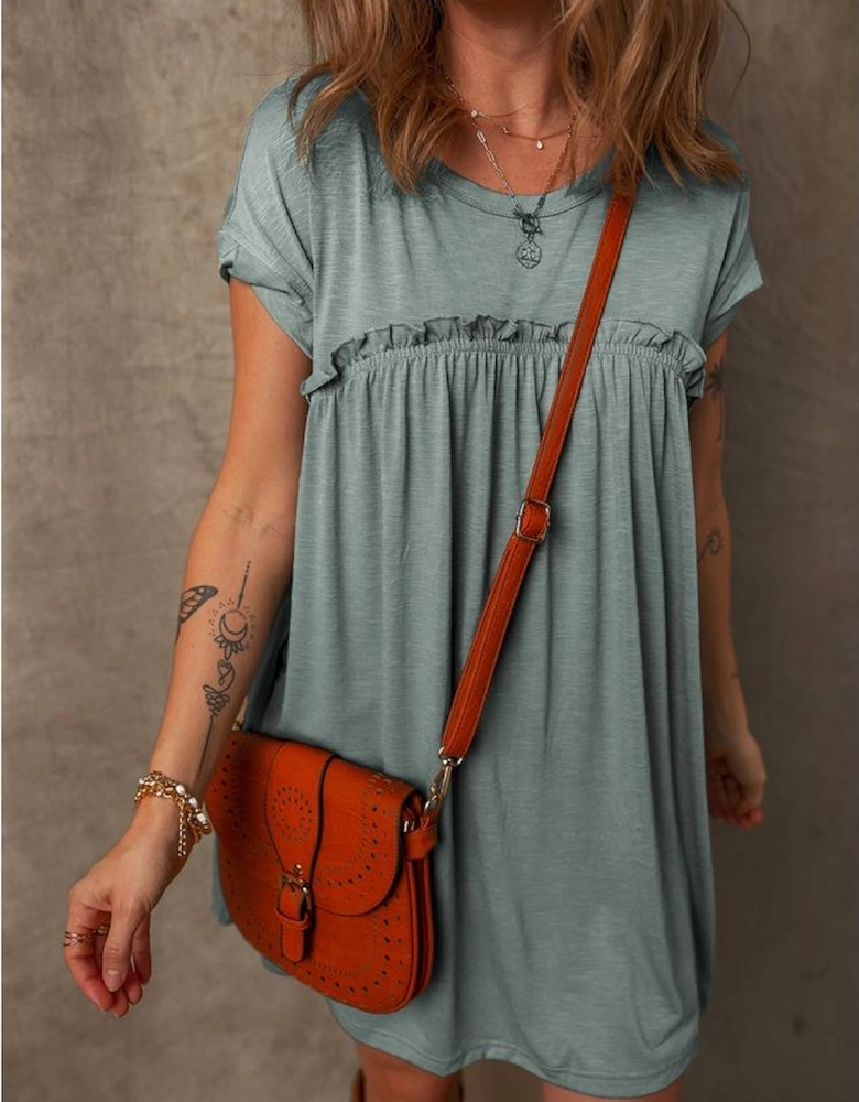 Mist Green Frilled Gathered Seam Round Neck T Shirt Dress