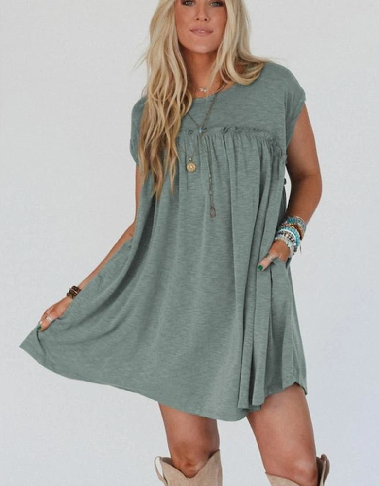 Mist Green Frilled Gathered Seam Round Neck T Shirt Dress