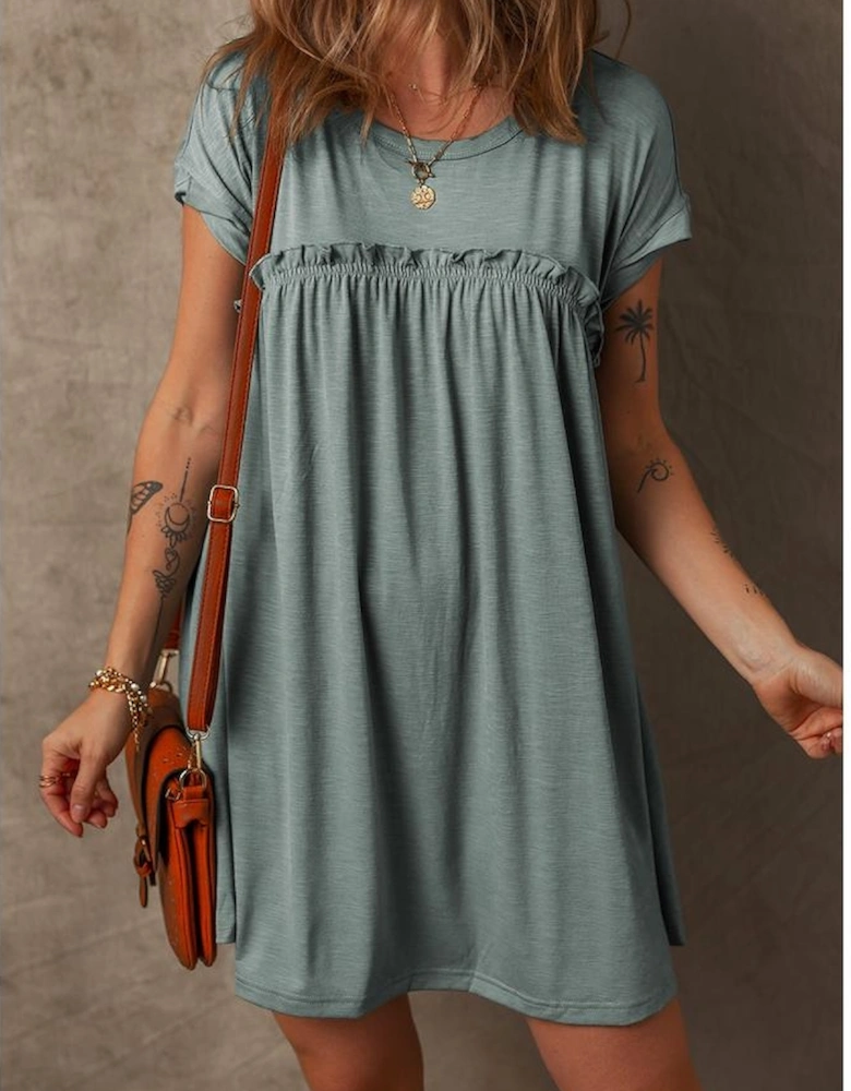 Mist Green Frilled Gathered Seam Round Neck T Shirt Dress