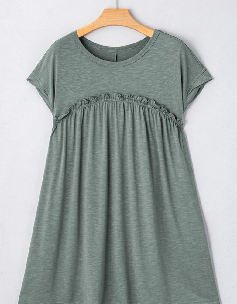 Mist Green Frilled Gathered Seam Round Neck T Shirt Dress