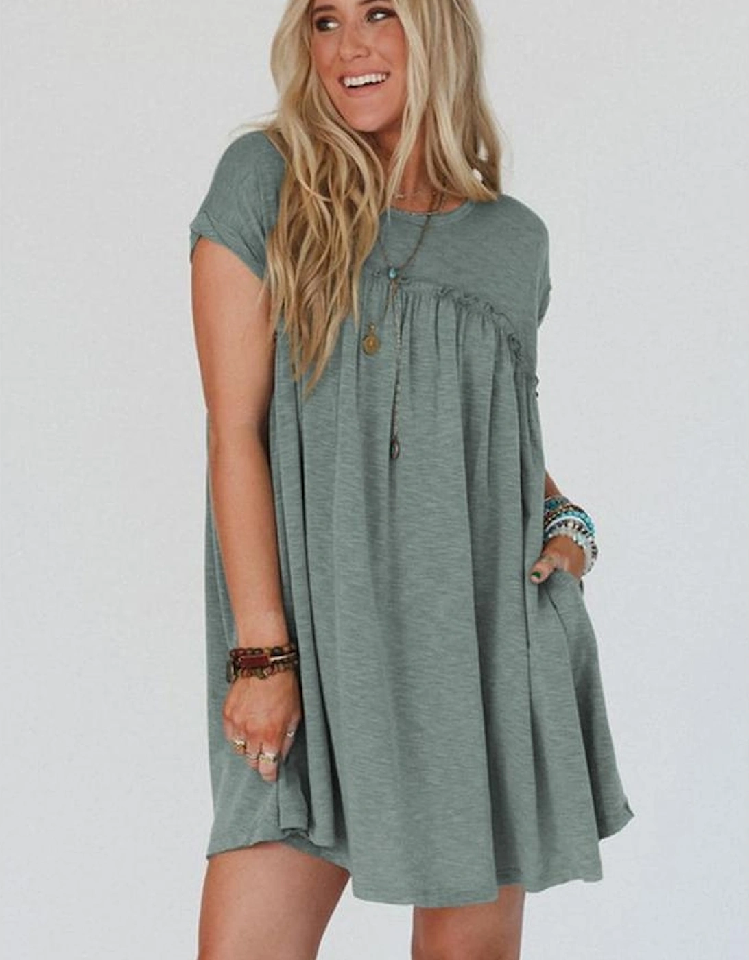 Mist Green Frilled Gathered Seam Round Neck T Shirt Dress