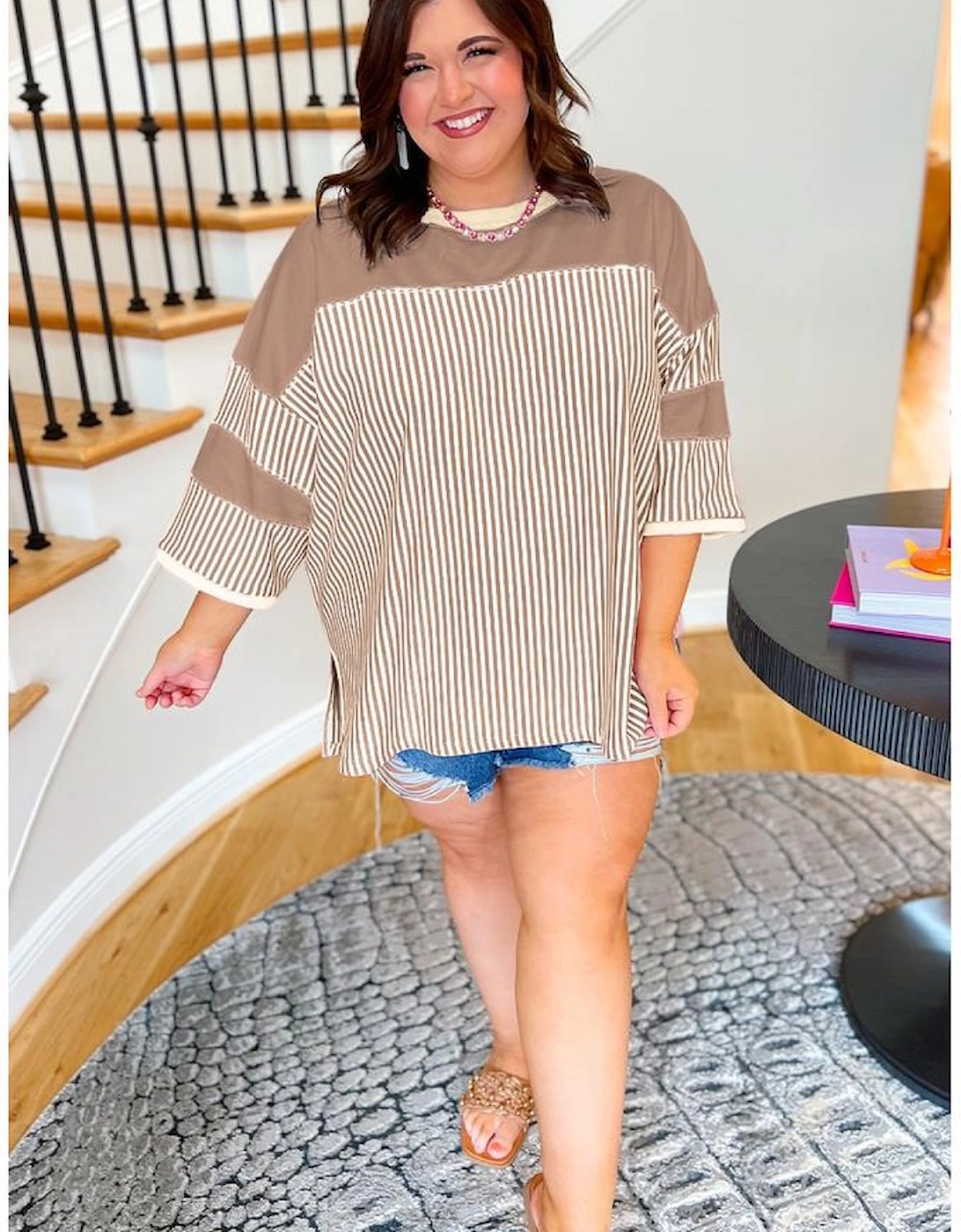 Khaki Stripe Patchwork Bracelet Sleeve Plus Size T Shirt