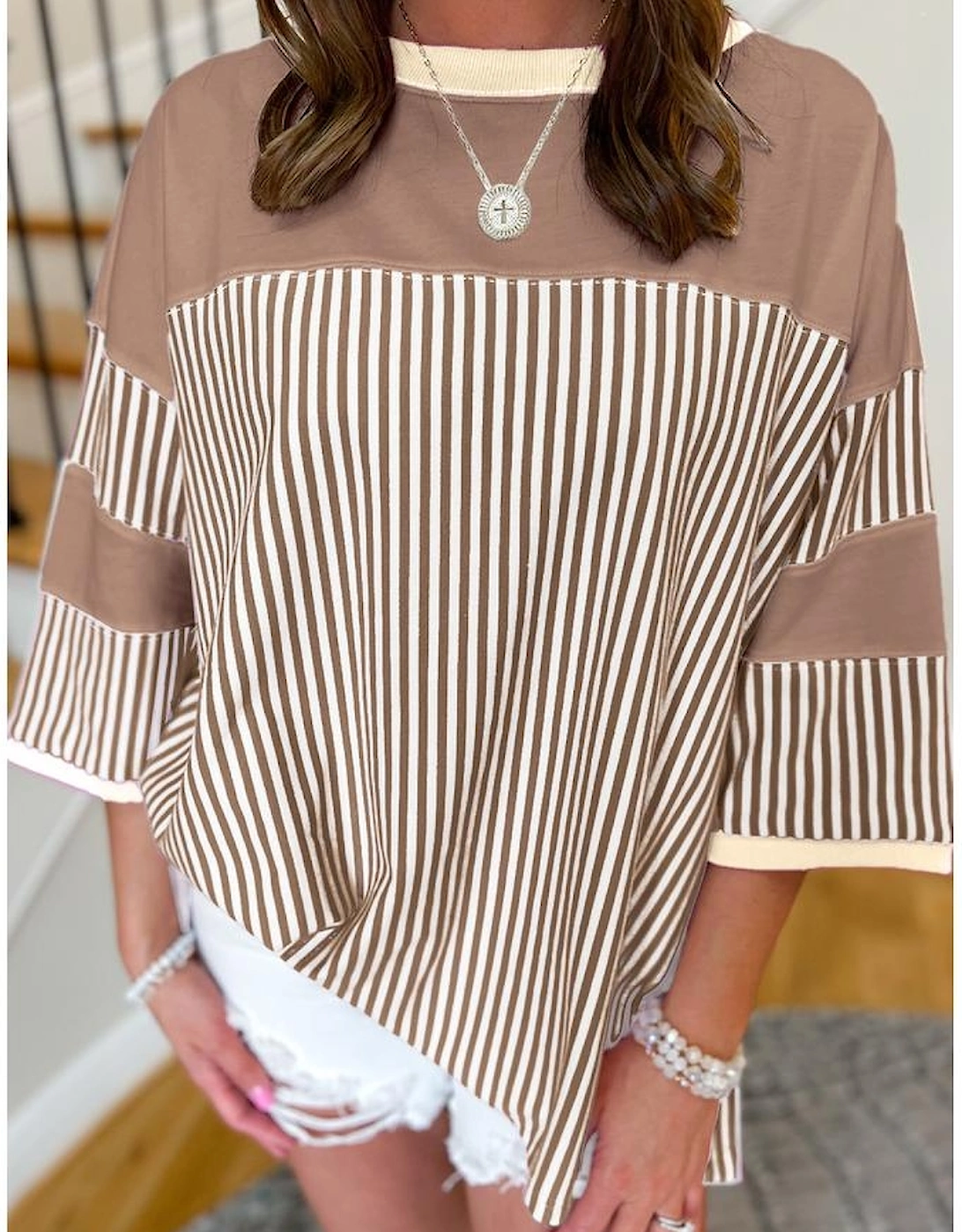 Khaki Stripe Patchwork Bracelet Sleeve Plus Size T Shirt, 6 of 5