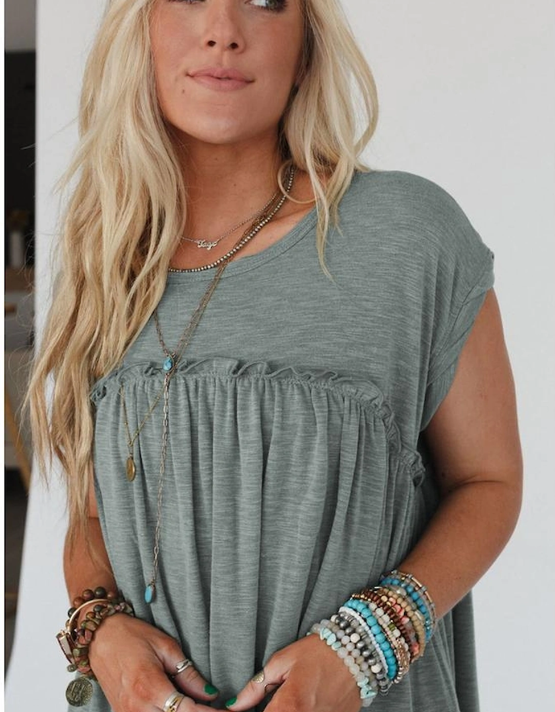 Mist Green Frilled Gathered Seam Round Neck T Shirt Dress