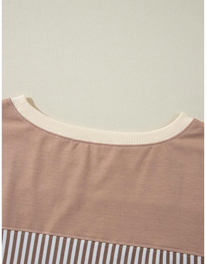 Khaki Stripe Patchwork Bracelet Sleeve Plus Size T Shirt