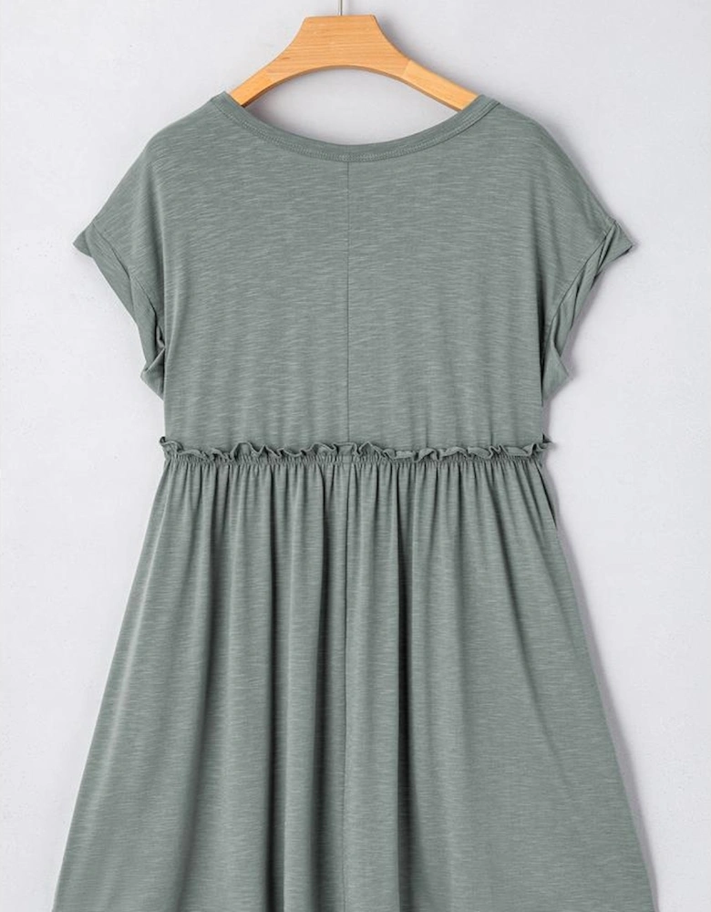 Mist Green Frilled Gathered Seam Round Neck T Shirt Dress
