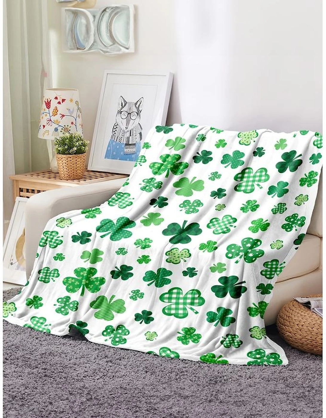 Azura Exchange White St. Patrick Clover Print Nap Blanket 130*150cm, 7 of 6