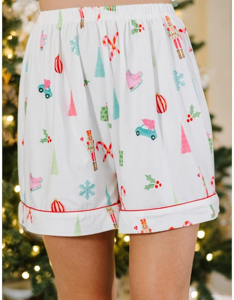 White Christmas Print Short Sleeve Shirt and Shorts Pajama Set