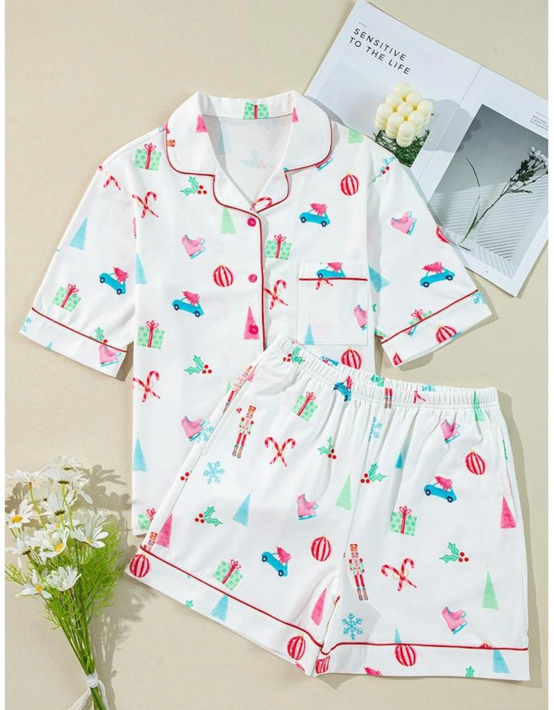 White Christmas Print Short Sleeve Shirt and Shorts Pajama Set