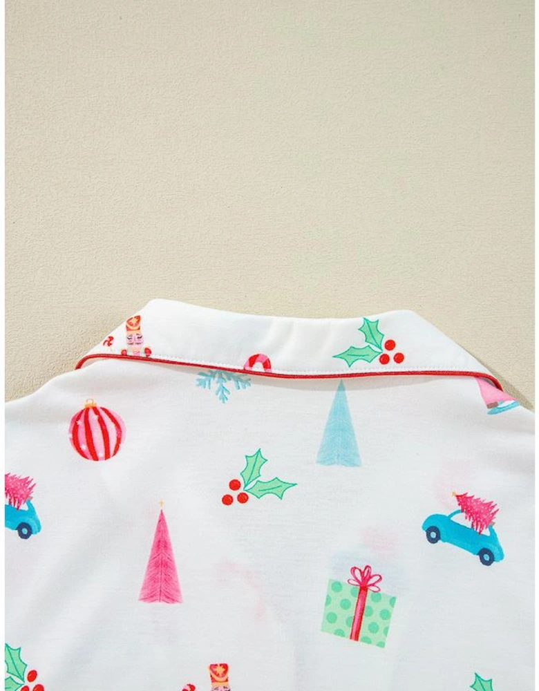 White Christmas Print Short Sleeve Shirt and Shorts Pajama Set