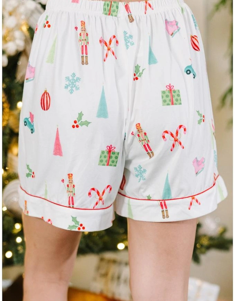 White Christmas Print Short Sleeve Shirt and Shorts Pajama Set