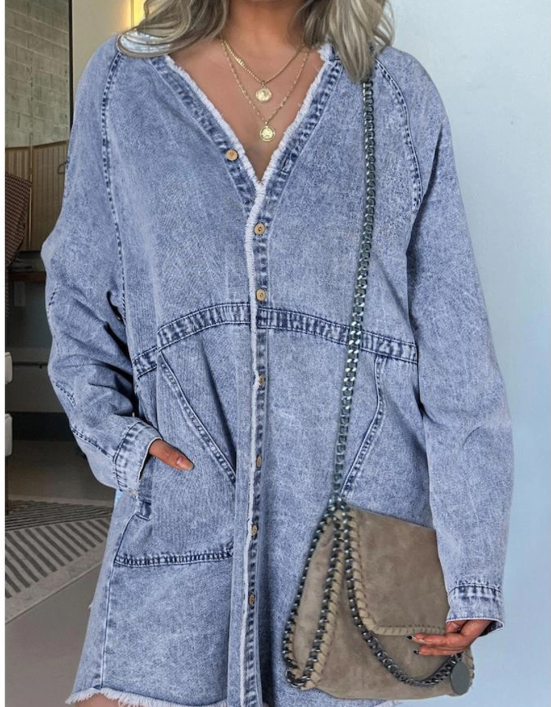 Beau Blue Mineral Wash Long Sleeve Button Up Raw Hem Pocketed Denim Dress
