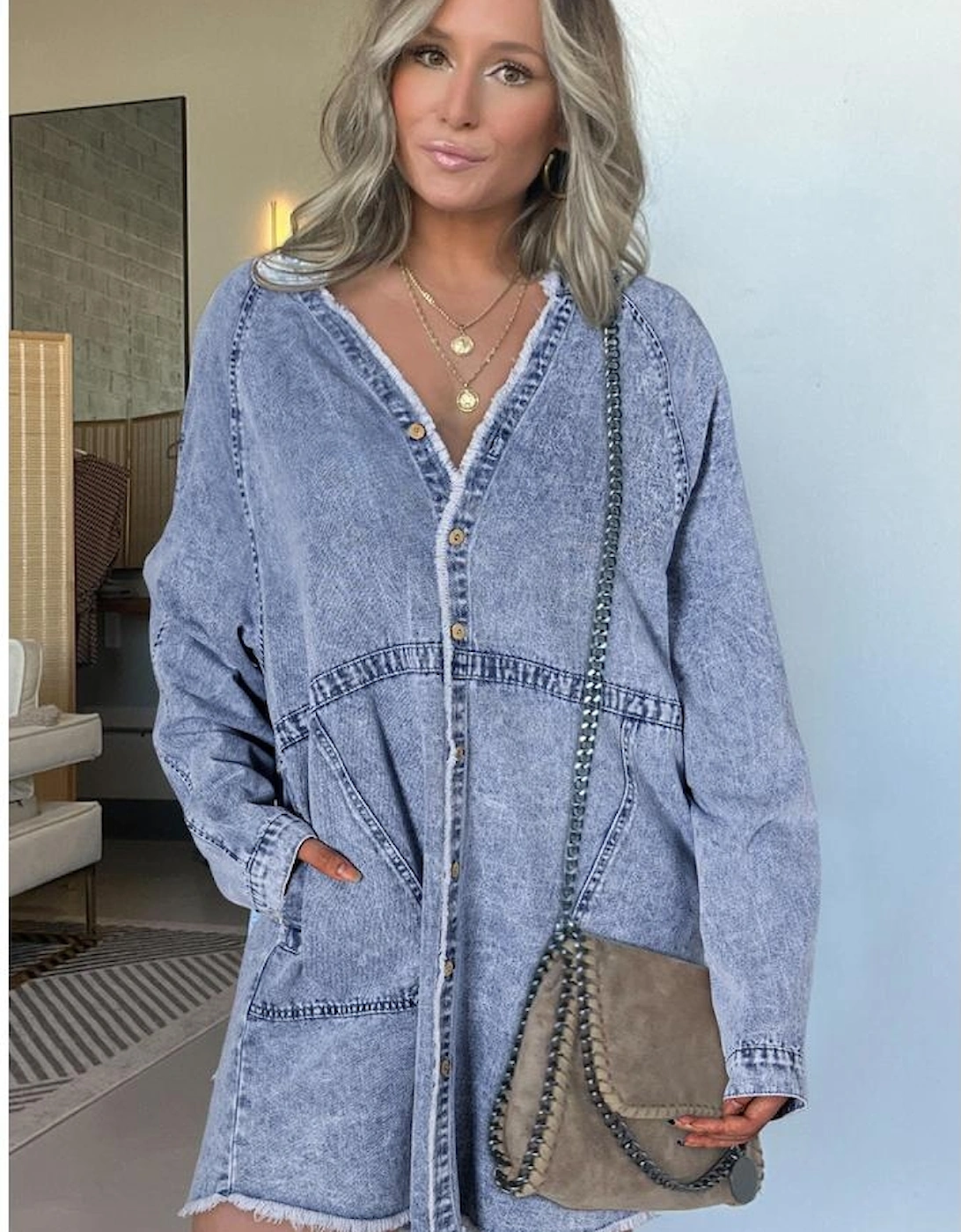 Beau Blue Mineral Wash Long Sleeve Button Up Raw Hem Pocketed Denim Dress
