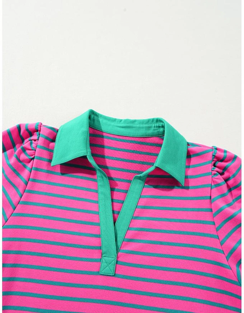 Azura Exchange Pink Stripe Collared V Neck Puff Sleeve T Shirt Dress