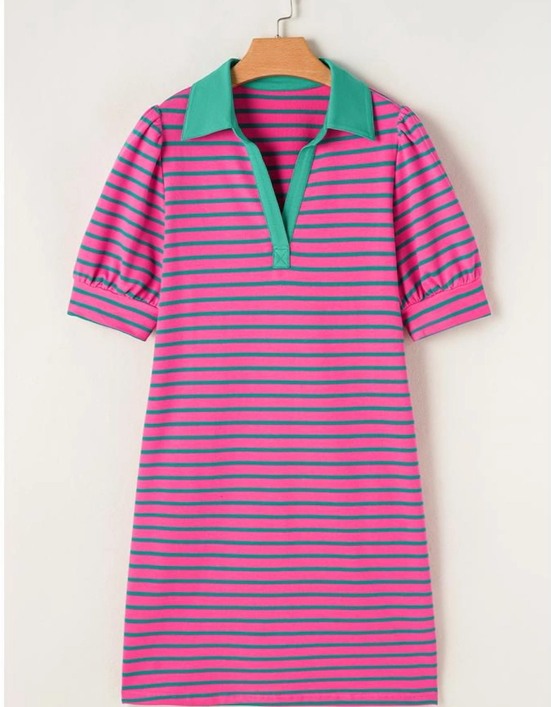 Azura Exchange Pink Stripe Collared V Neck Puff Sleeve T Shirt Dress