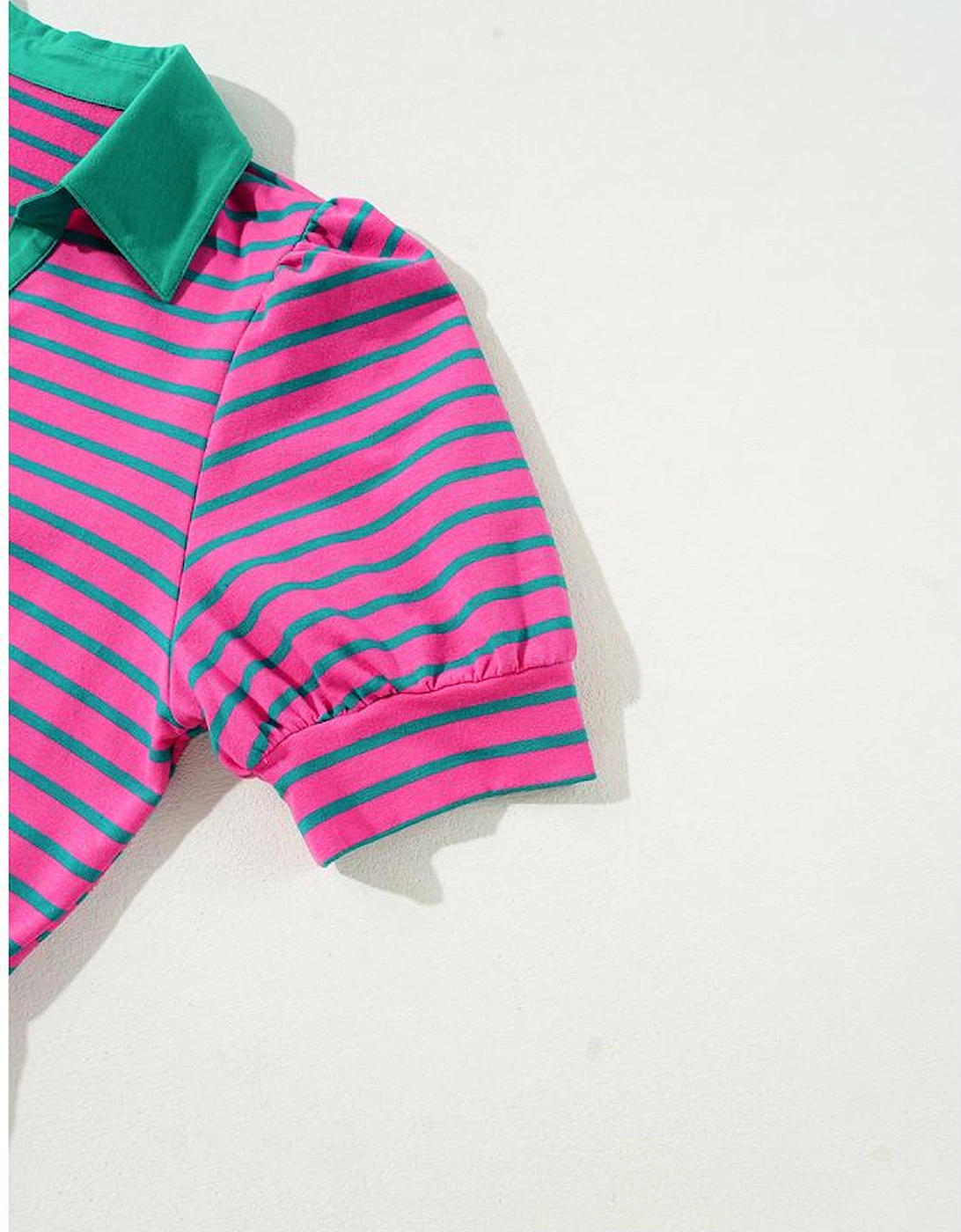 Azura Exchange Pink Stripe Collared V Neck Puff Sleeve T Shirt Dress