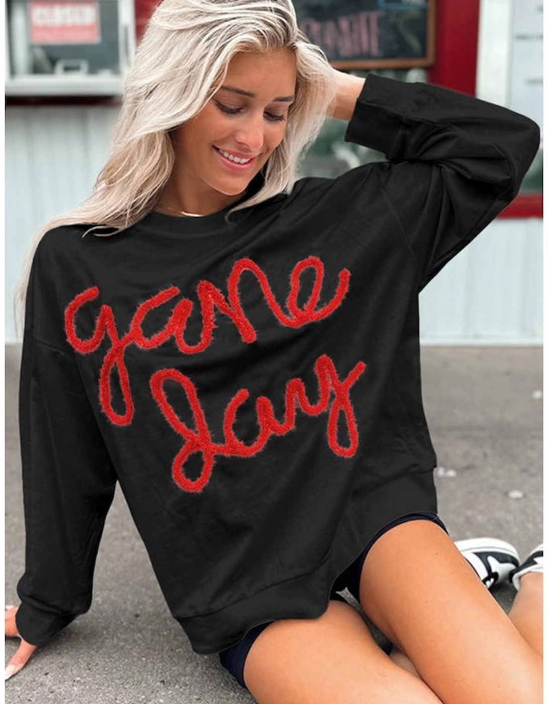 Black Tinsel Game Day Drop Shoulder Graphic Sweatshirt
