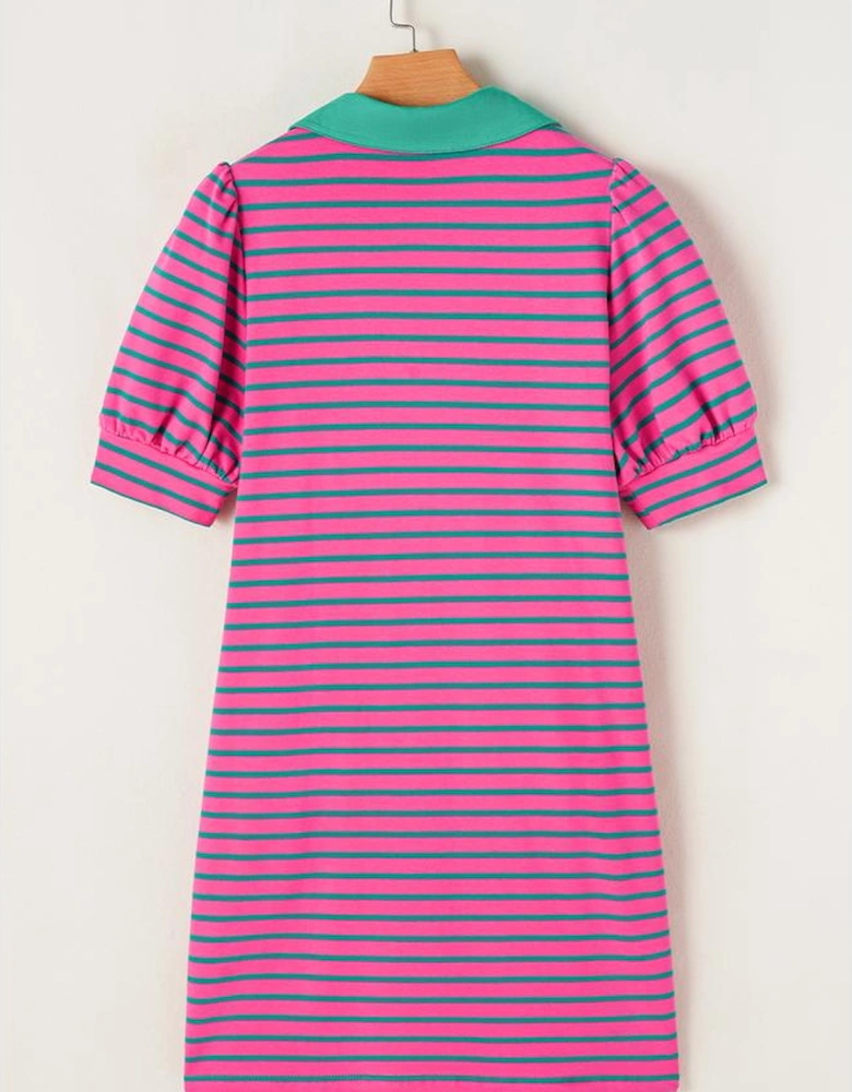 Azura Exchange Pink Stripe Collared V Neck Puff Sleeve T Shirt Dress