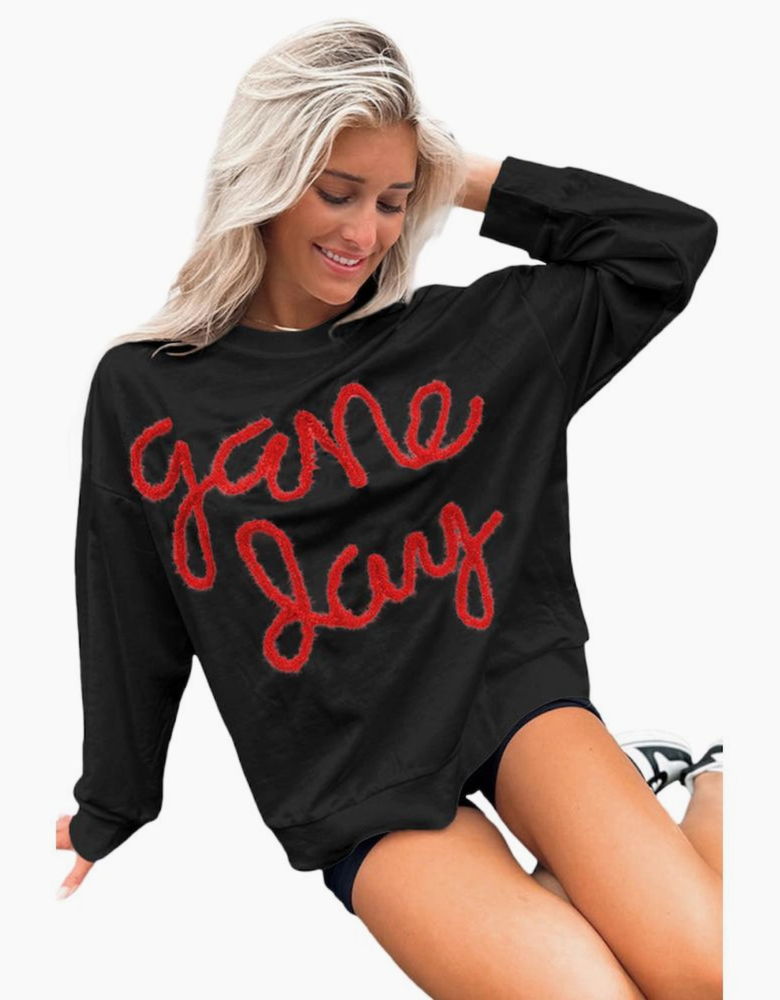 Black Tinsel Game Day Drop Shoulder Graphic Sweatshirt