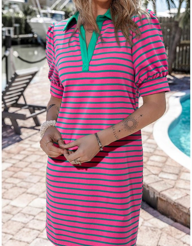Azura Exchange Pink Stripe Collared V Neck Puff Sleeve T Shirt Dress