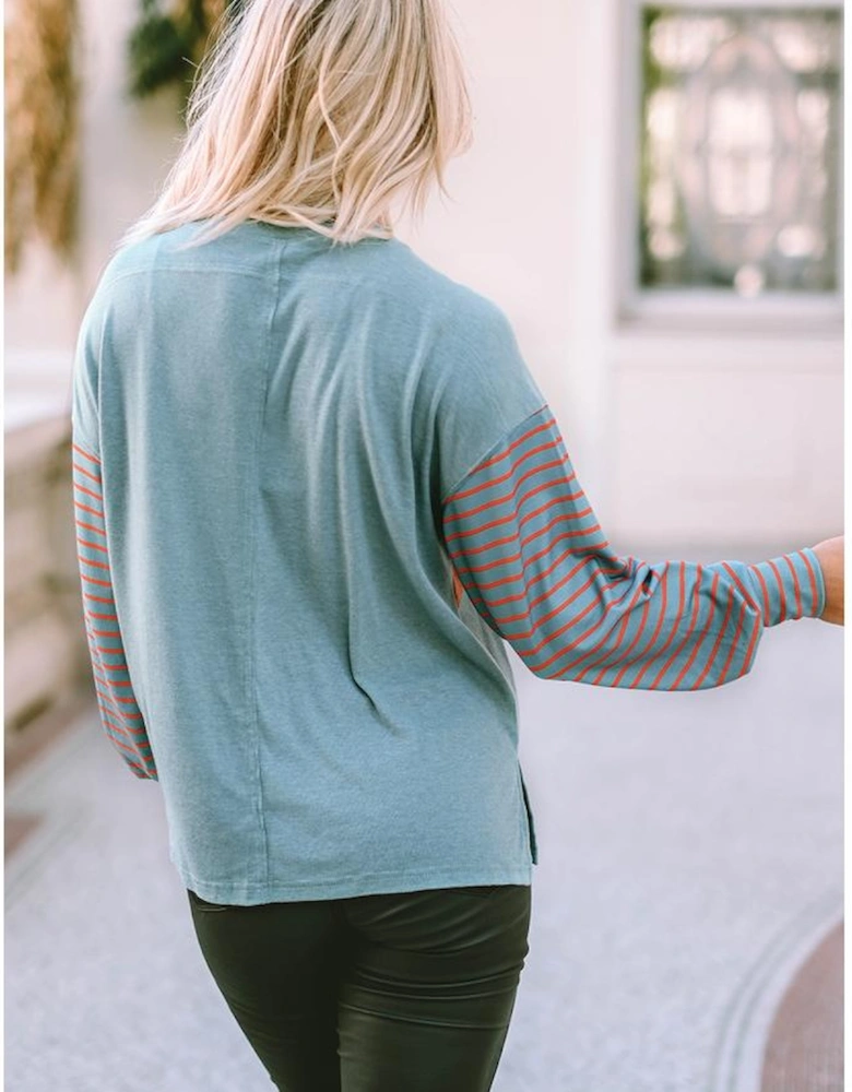 Green Colorblock Striped Bishop Sleeve Top