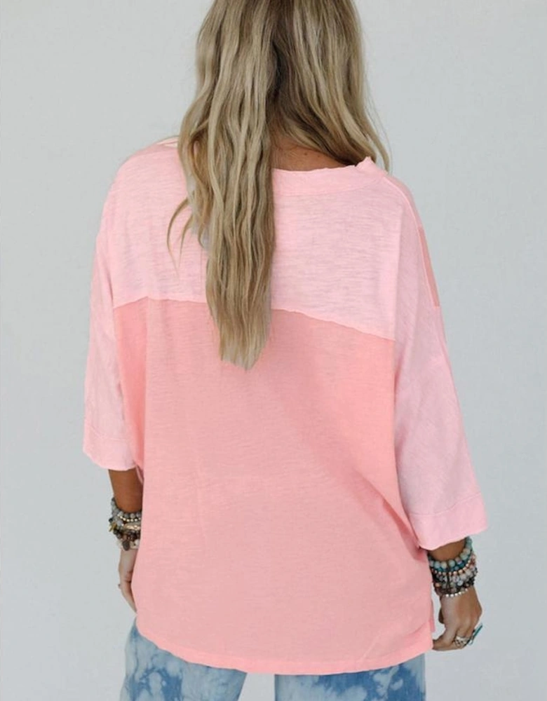 Pink Flower Patched Exposed Seam Bracelet Sleeve Oversized T Shirt