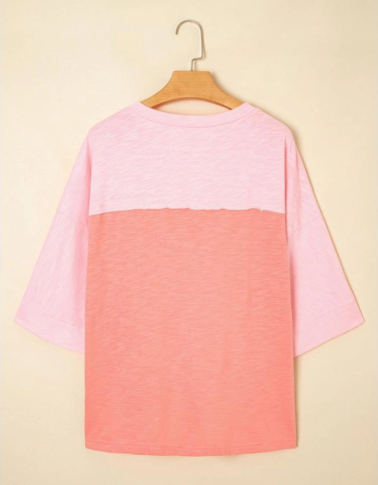 Pink Flower Patched Exposed Seam Bracelet Sleeve Oversized T Shirt