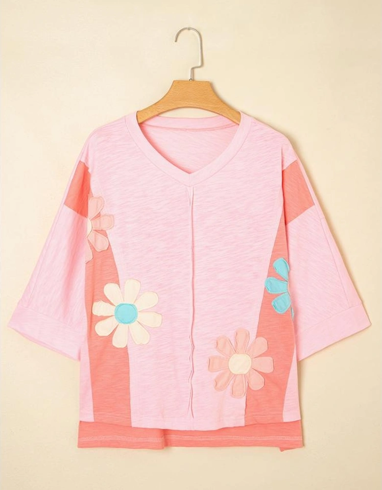 Pink Flower Patched Exposed Seam Bracelet Sleeve Oversized T Shirt
