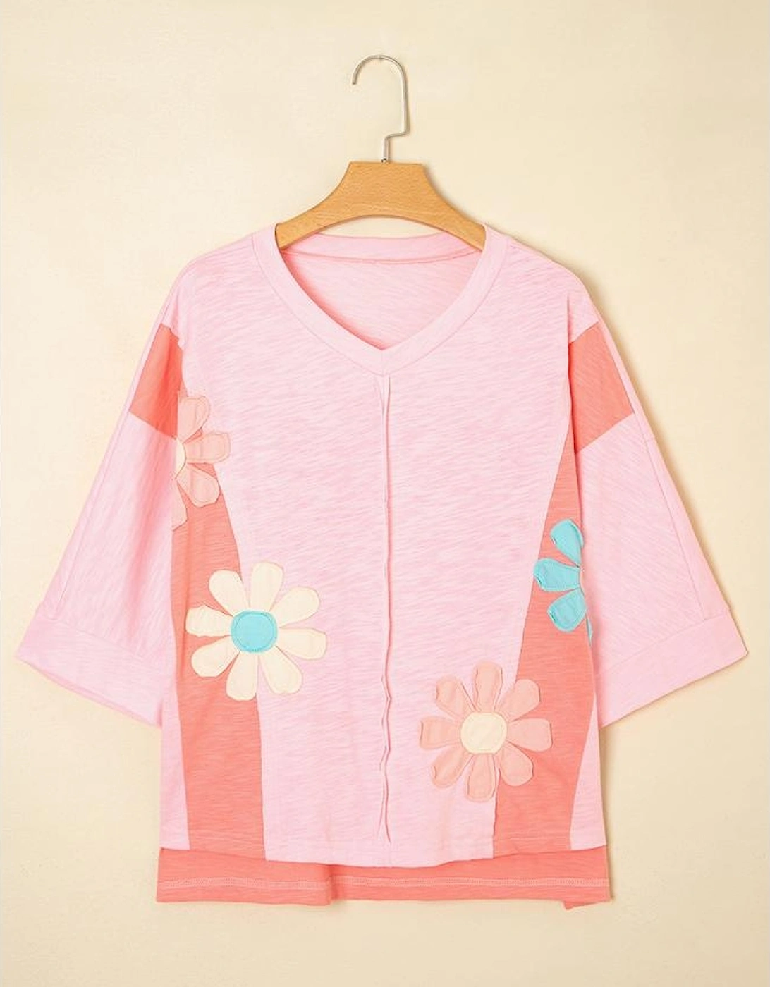 Pink Flower Patched Exposed Seam Bracelet Sleeve Oversized T Shirt