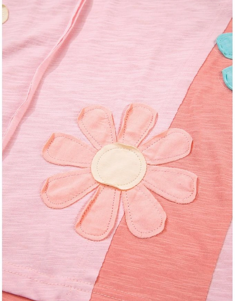 Pink Flower Patched Exposed Seam Bracelet Sleeve Oversized T Shirt