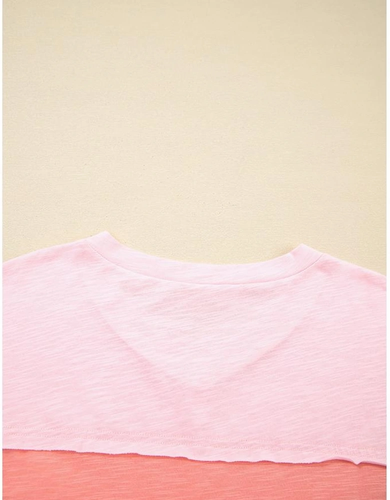 Pink Flower Patched Exposed Seam Bracelet Sleeve Oversized T Shirt
