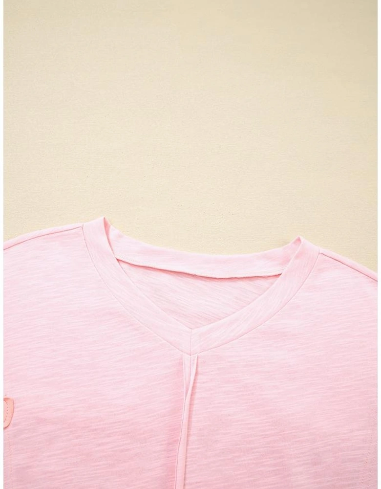 Pink Flower Patched Exposed Seam Bracelet Sleeve Oversized T Shirt