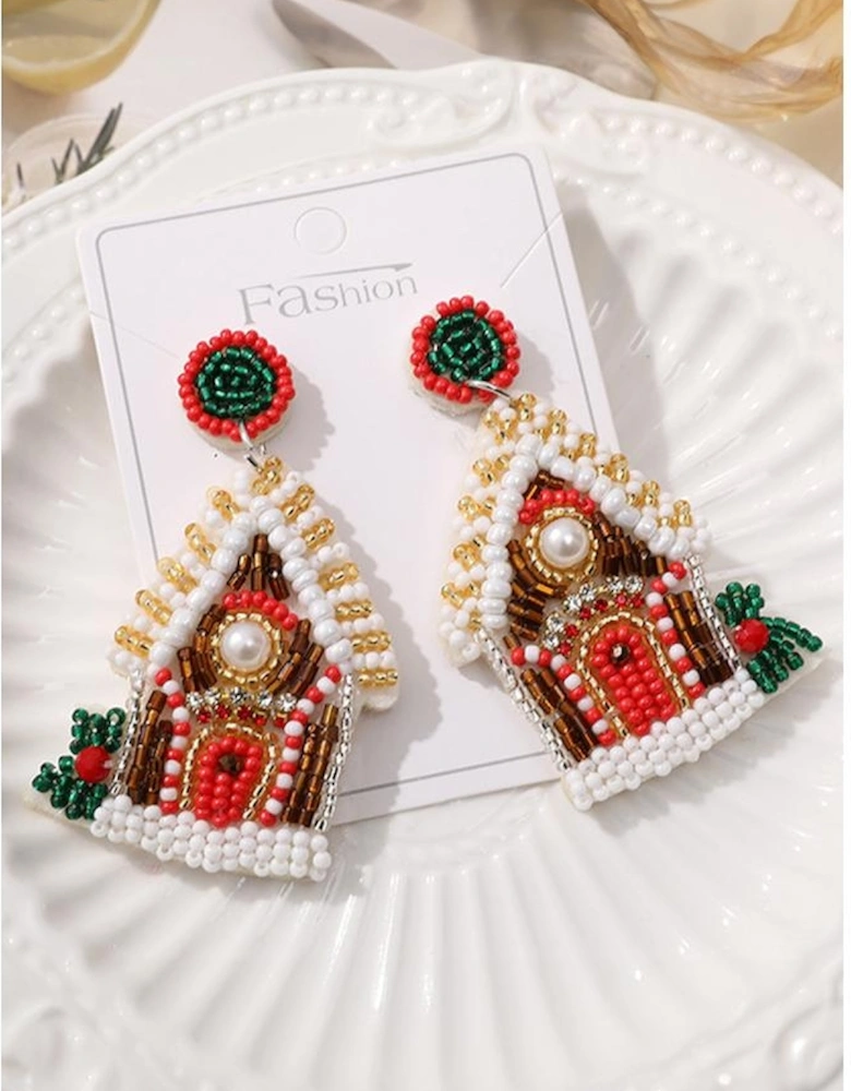 White Christmas Style House Beaded Stud Dangle Earrings