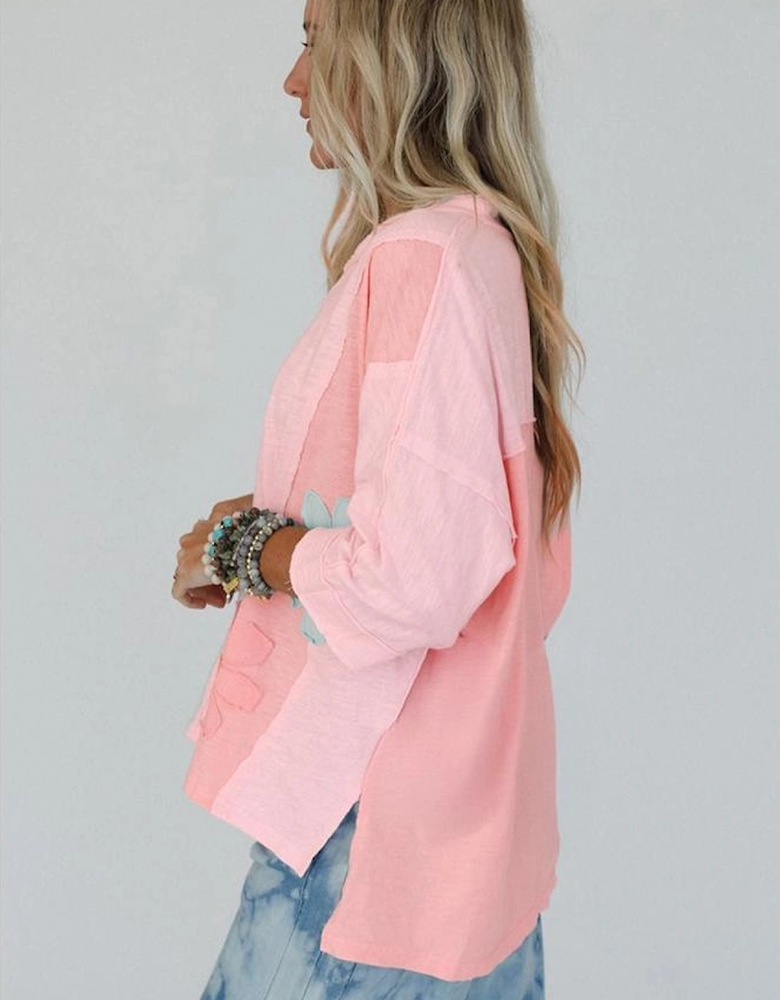Pink Flower Patched Exposed Seam Bracelet Sleeve Oversized T Shirt