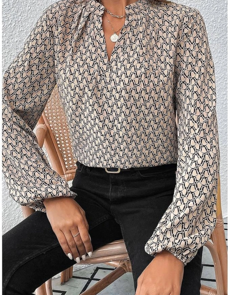Khaki Geometric Print Notched Neck Puff Sleeve Blouse