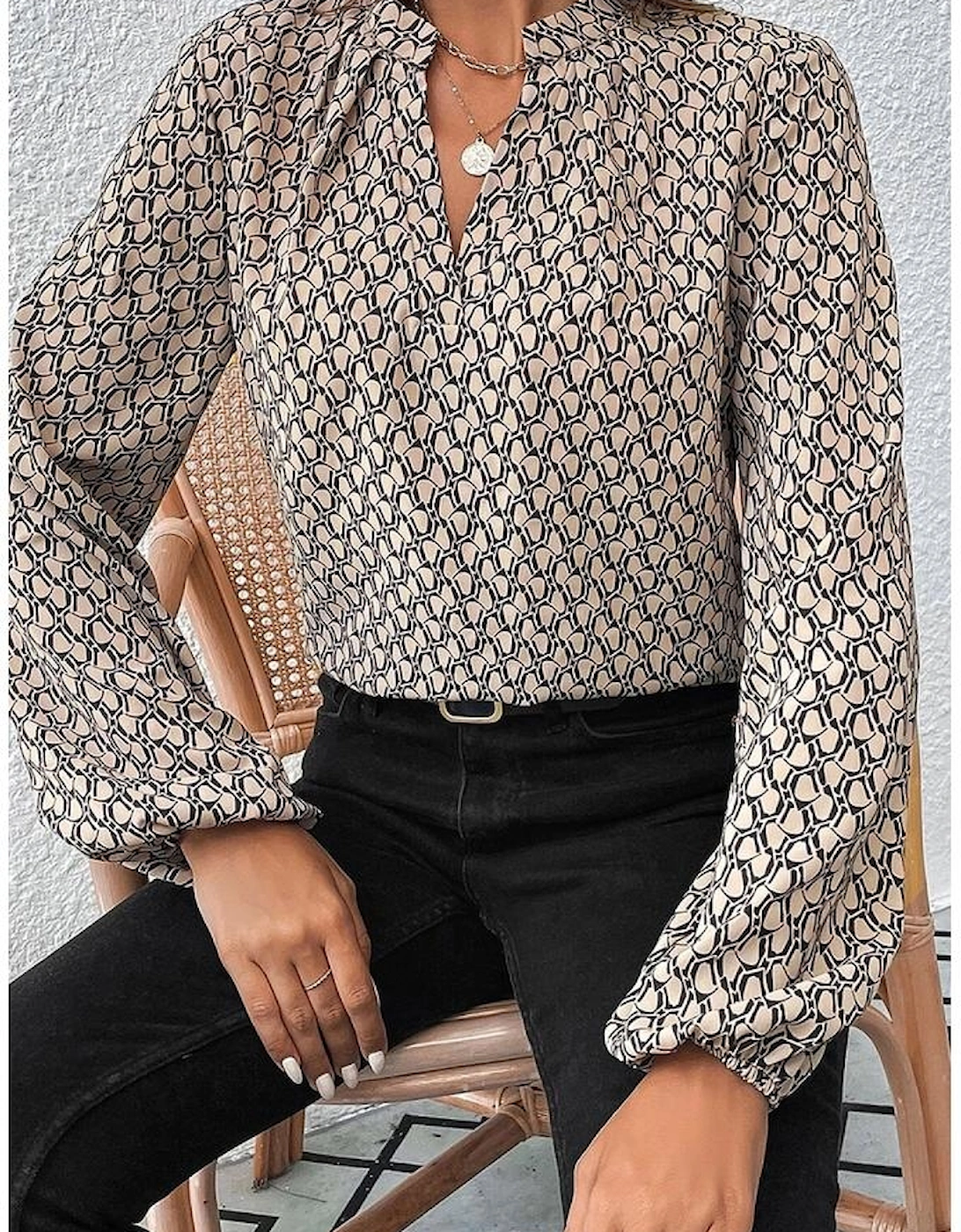 Khaki Geometric Print Notched Neck Puff Sleeve Blouse, 11 of 10