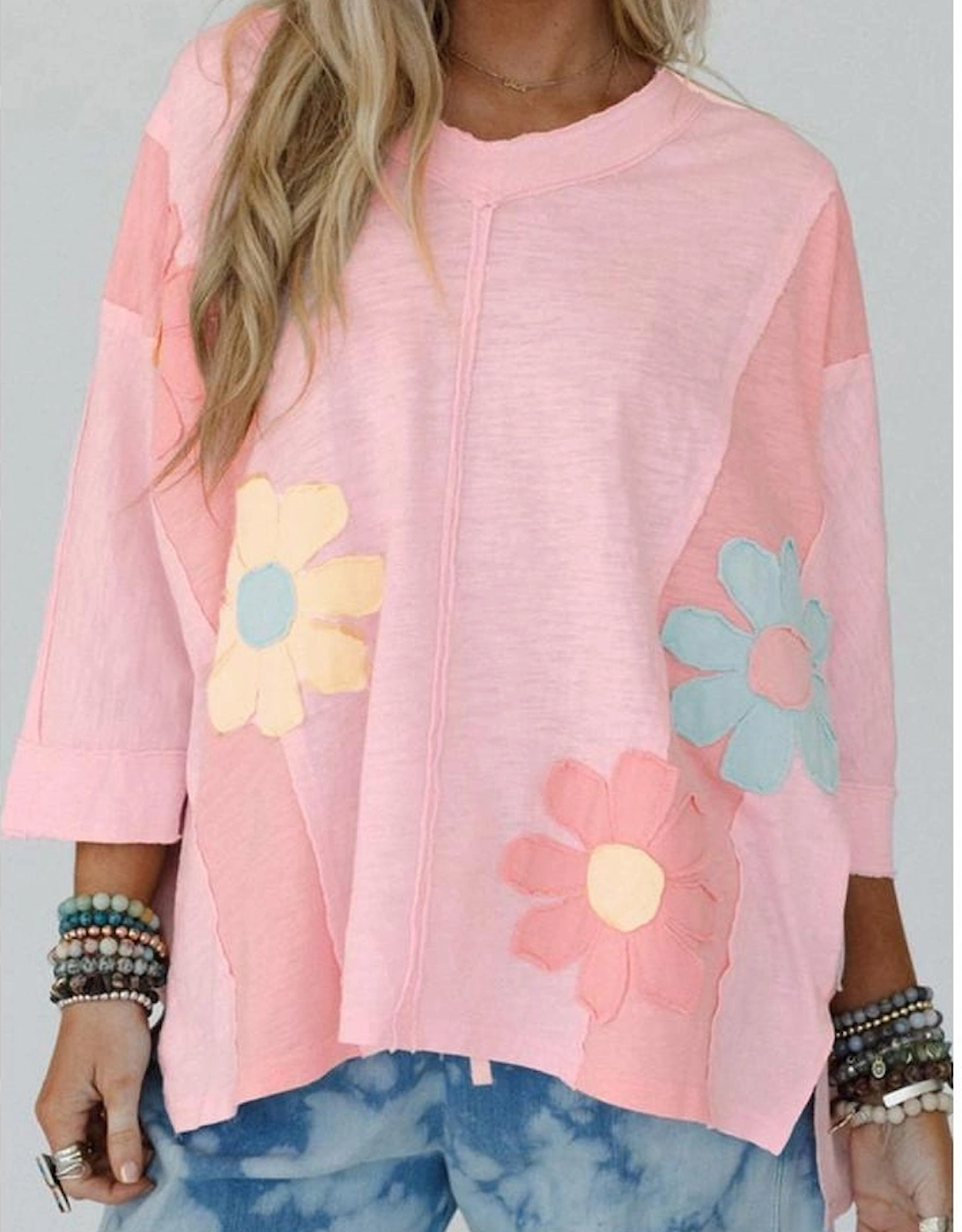 Pink Flower Patched Exposed Seam Bracelet Sleeve Oversized T Shirt