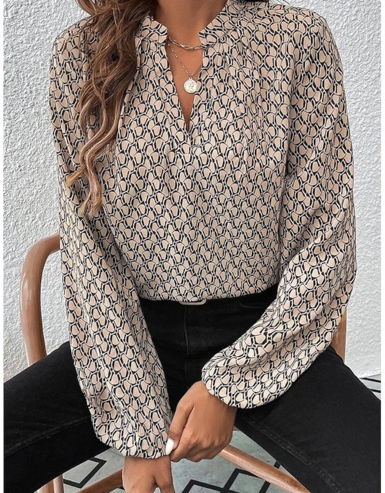 Khaki Geometric Print Notched Neck Puff Sleeve Blouse