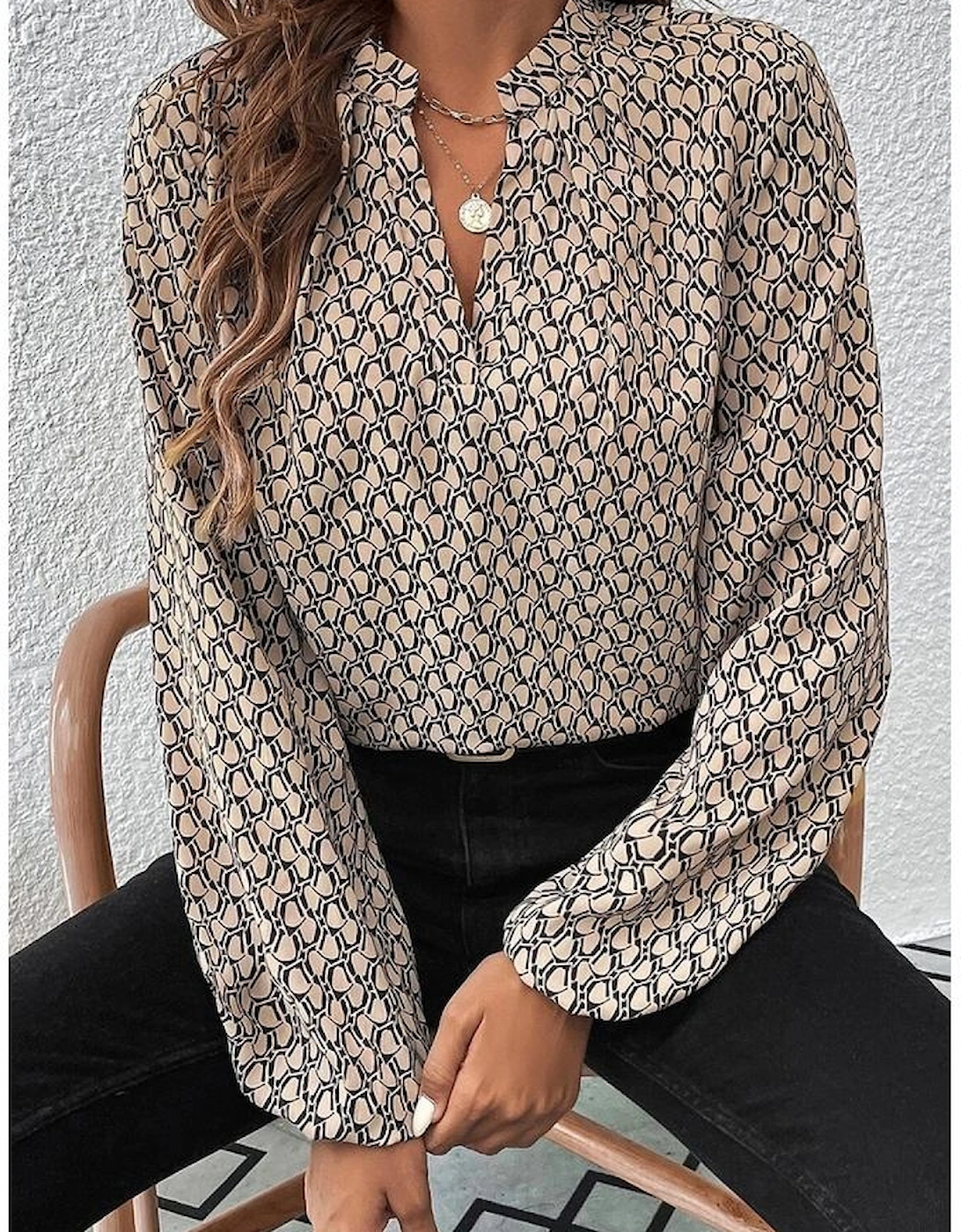 Khaki Geometric Print Notched Neck Puff Sleeve Blouse