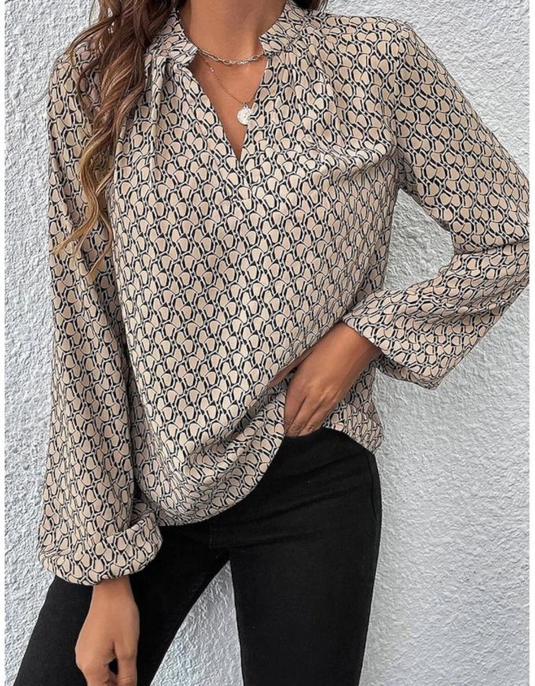 Khaki Geometric Print Notched Neck Puff Sleeve Blouse
