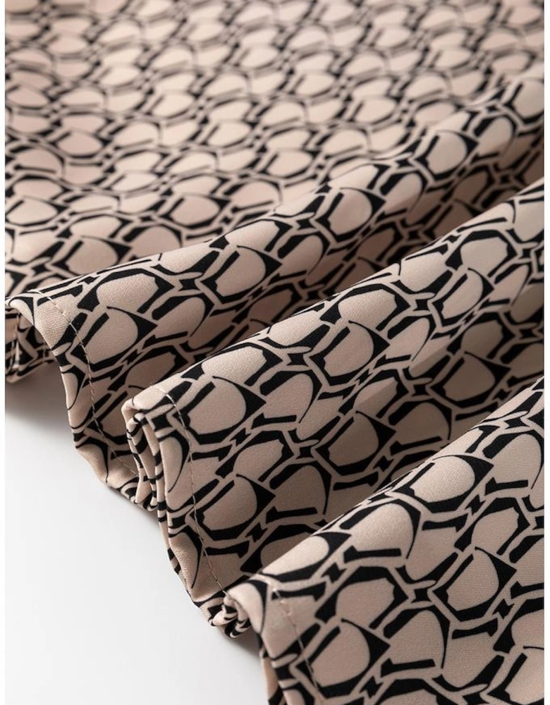 Khaki Geometric Print Notched Neck Puff Sleeve Blouse