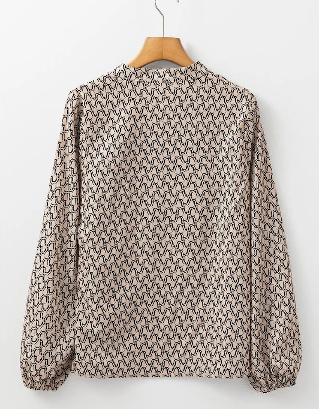 Khaki Geometric Print Notched Neck Puff Sleeve Blouse